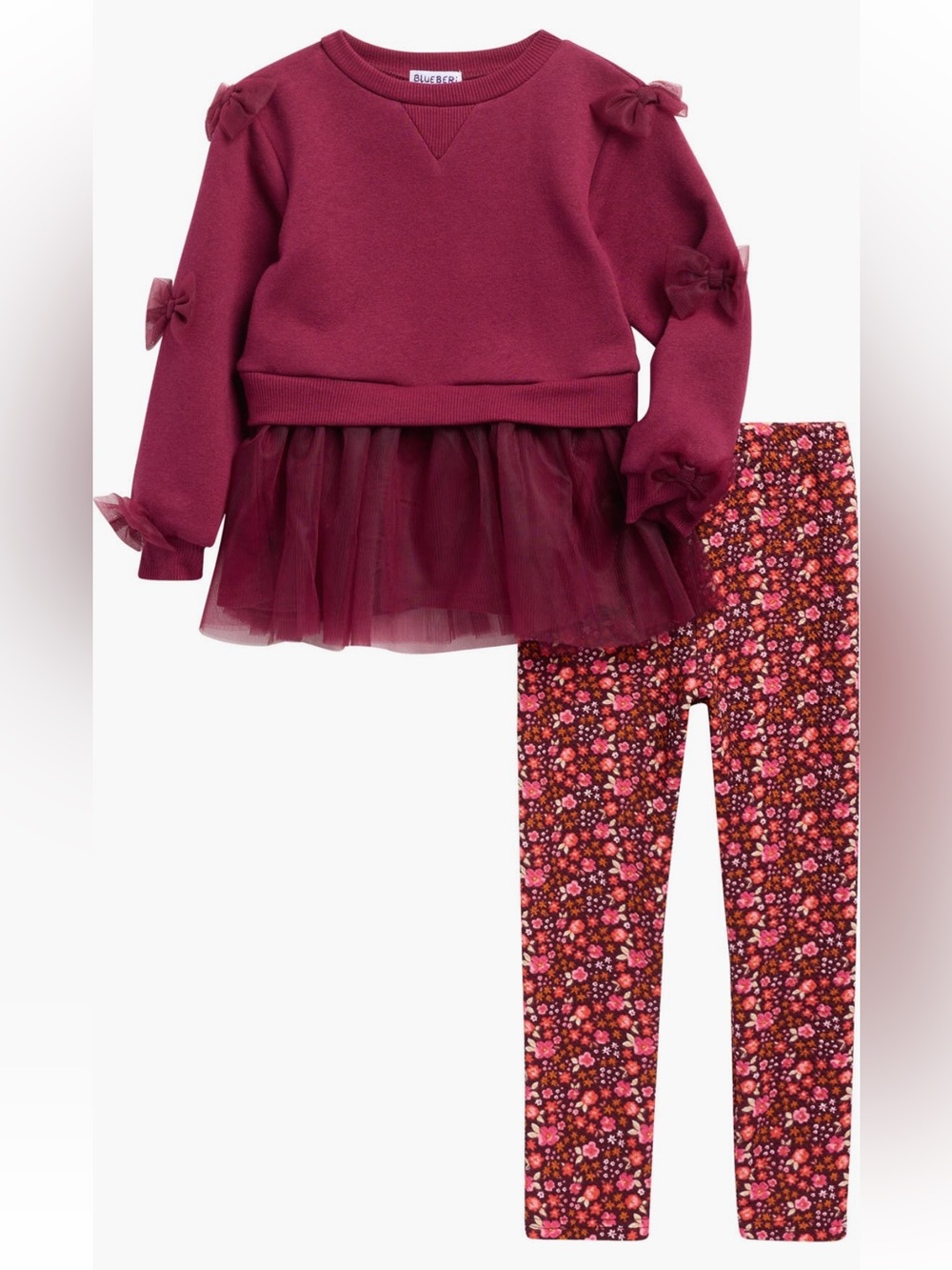 Blueberi Boulevard Girls Burgundy Tulle Tunic & Floral Leggings Set 6
